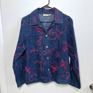 Vintage Denim Jacket Womens Large Blue‎ Pink Purple Embroidered Floral